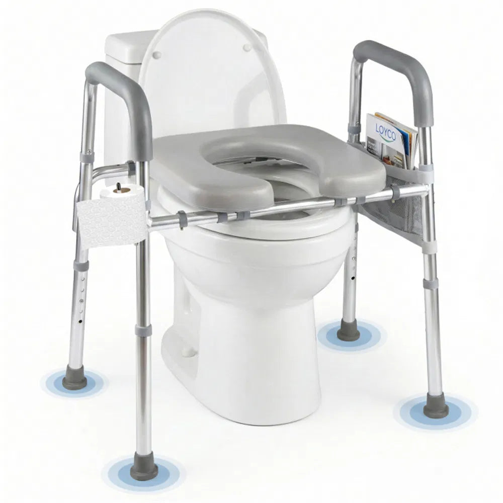 Adjustable Raised Toilet Seat with Armrests & Storage Pouch - 300LBS Capacity