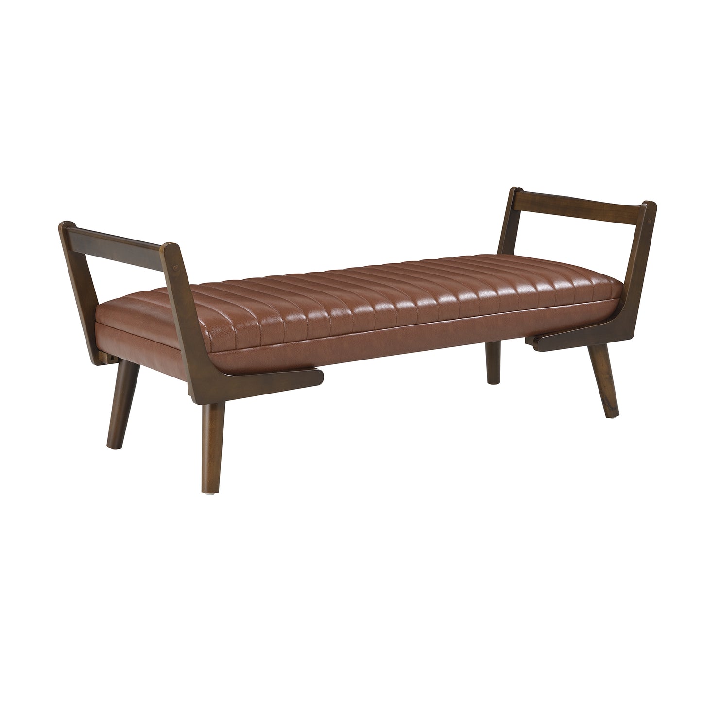 52 Mid Century Bench With Walnut Wood Leg,Channeled Upholstered