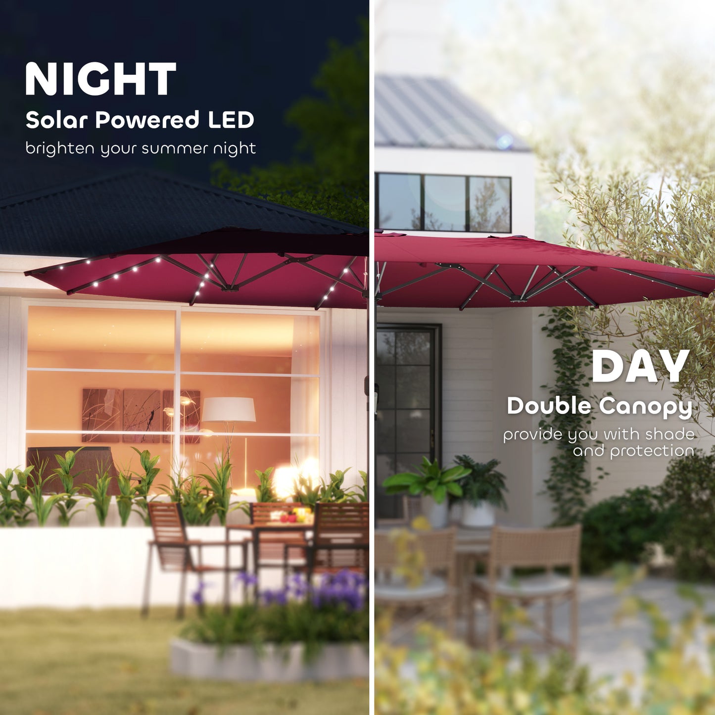 Double-Sided Patio Parasol with LED Solar Lights - Wine Red
