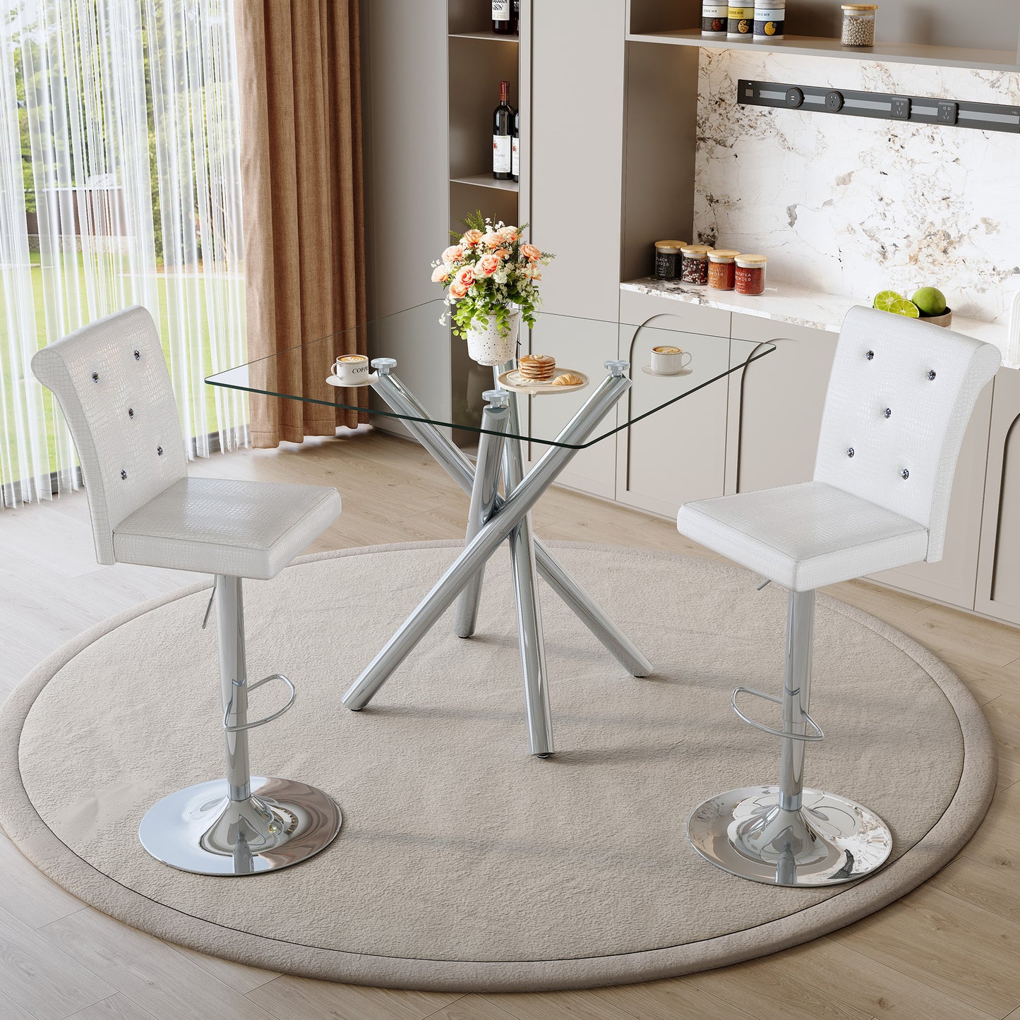 Modern Glass Bar Table And Adjustable Stools Set Of 2, Contemporary