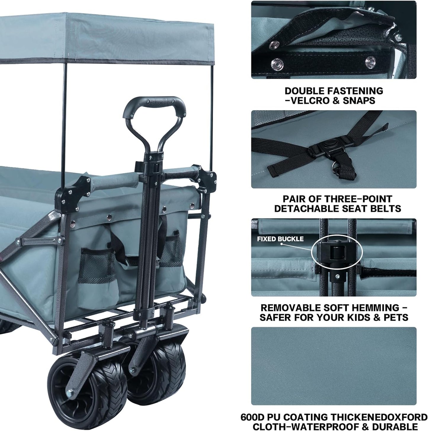 Collapsible Folding Wagon with Canopy - Gray, 140L Capacity