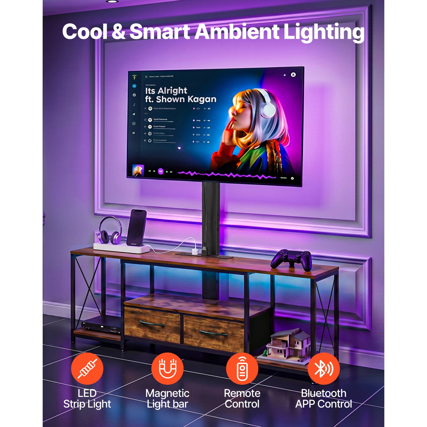 TV Stand with Mount and Power Outlet - 47.2 Inch Rustic Brown Entertainment Console with Storage Drawers and LED Lights for 32-75 Inch TVs