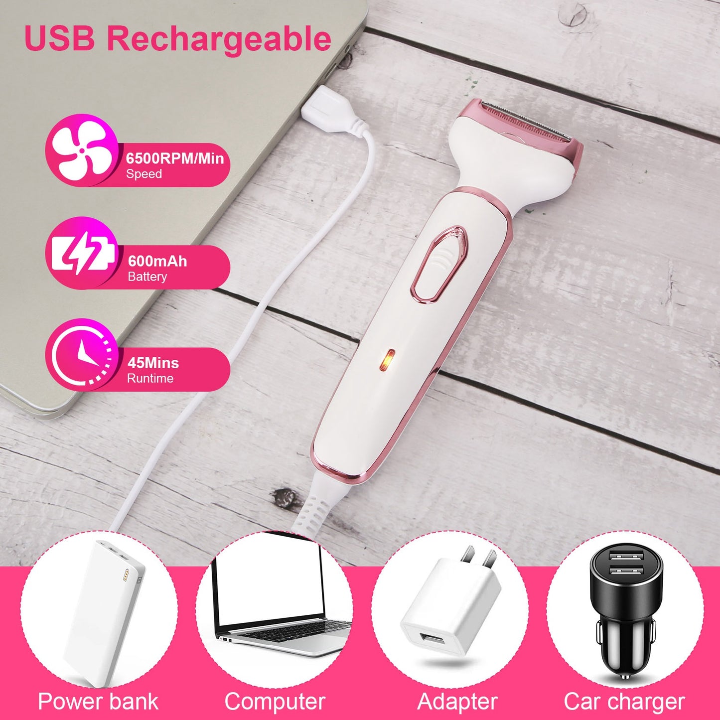 4-in-1 Women's Electric Shaver & Grooming Kit - Rechargeable - Rose Pink