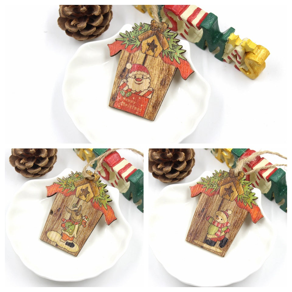 Wooden House Shape Santa Elk Christmas Pendant Set - Festive Decor