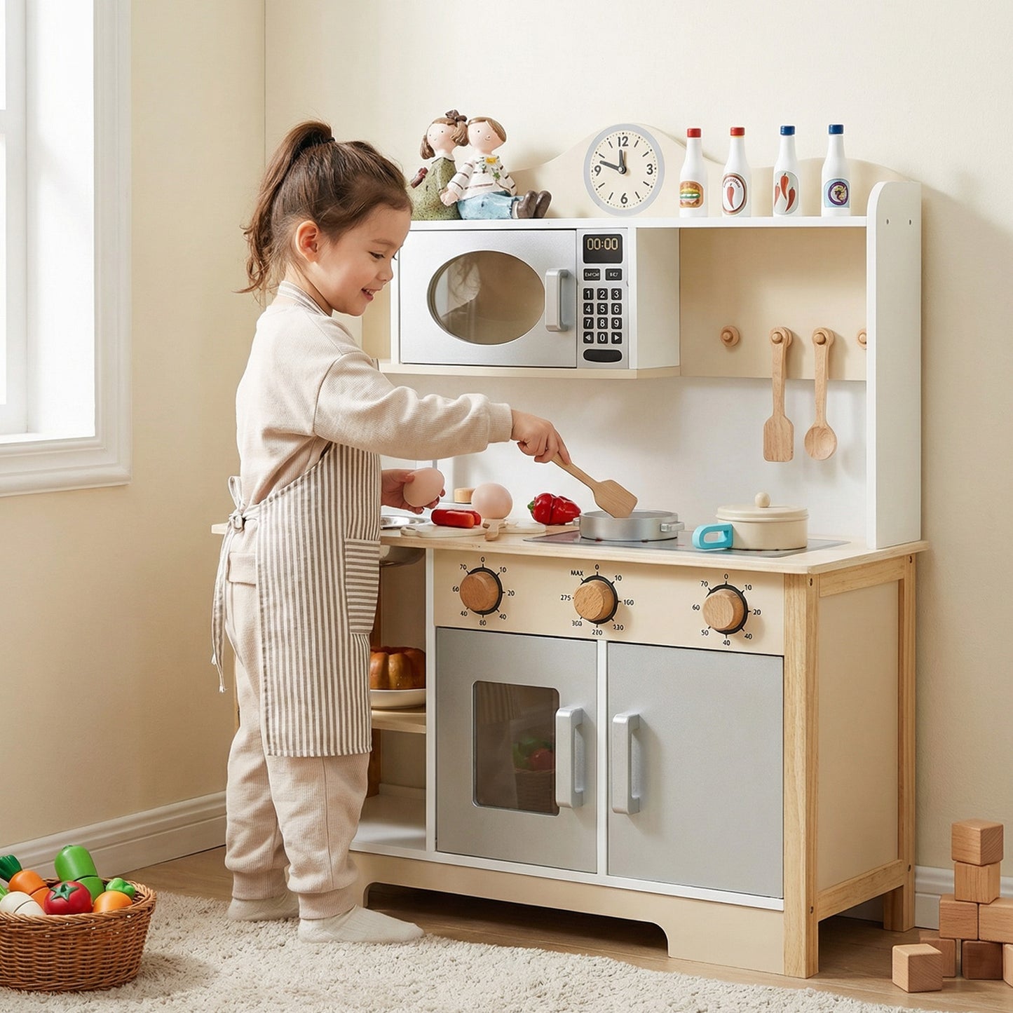 Wooden Play Kitchen Set Realistic Toddler Playset With Oven