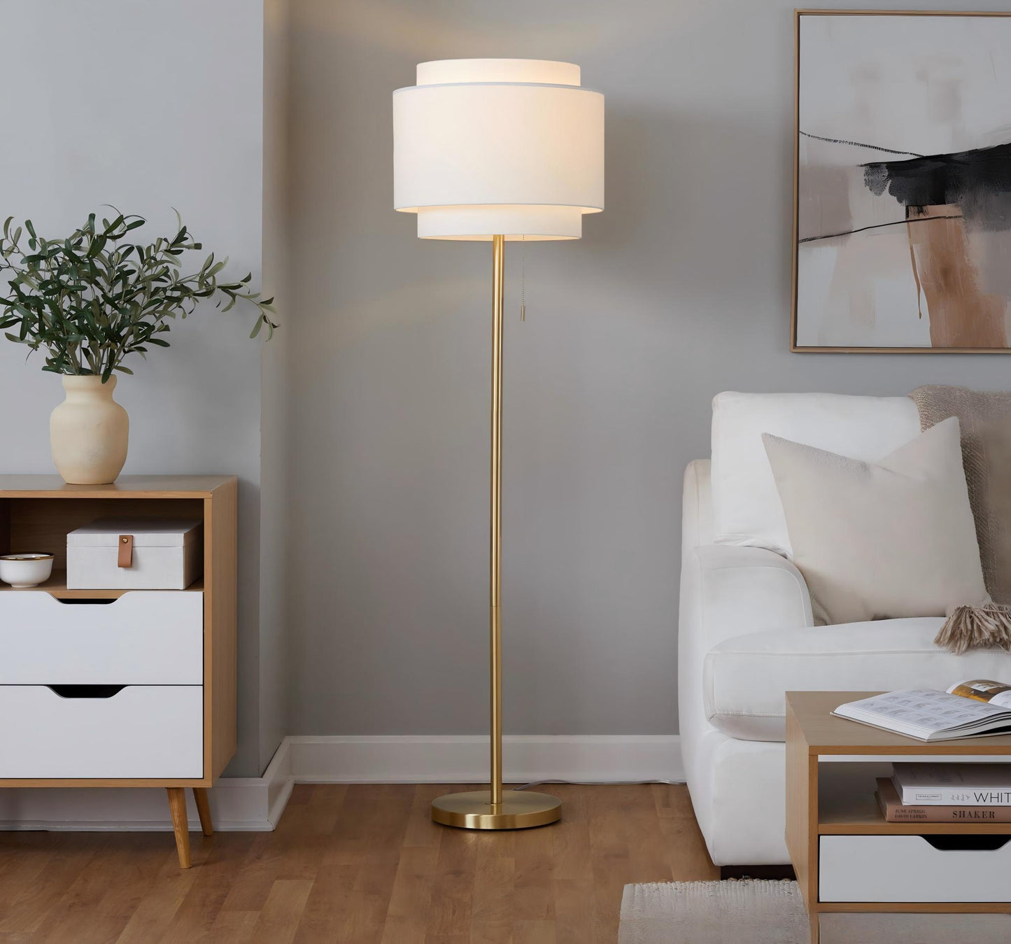 64-Inch Gold Metal Floor Lamp with Off-White Linen Shade
