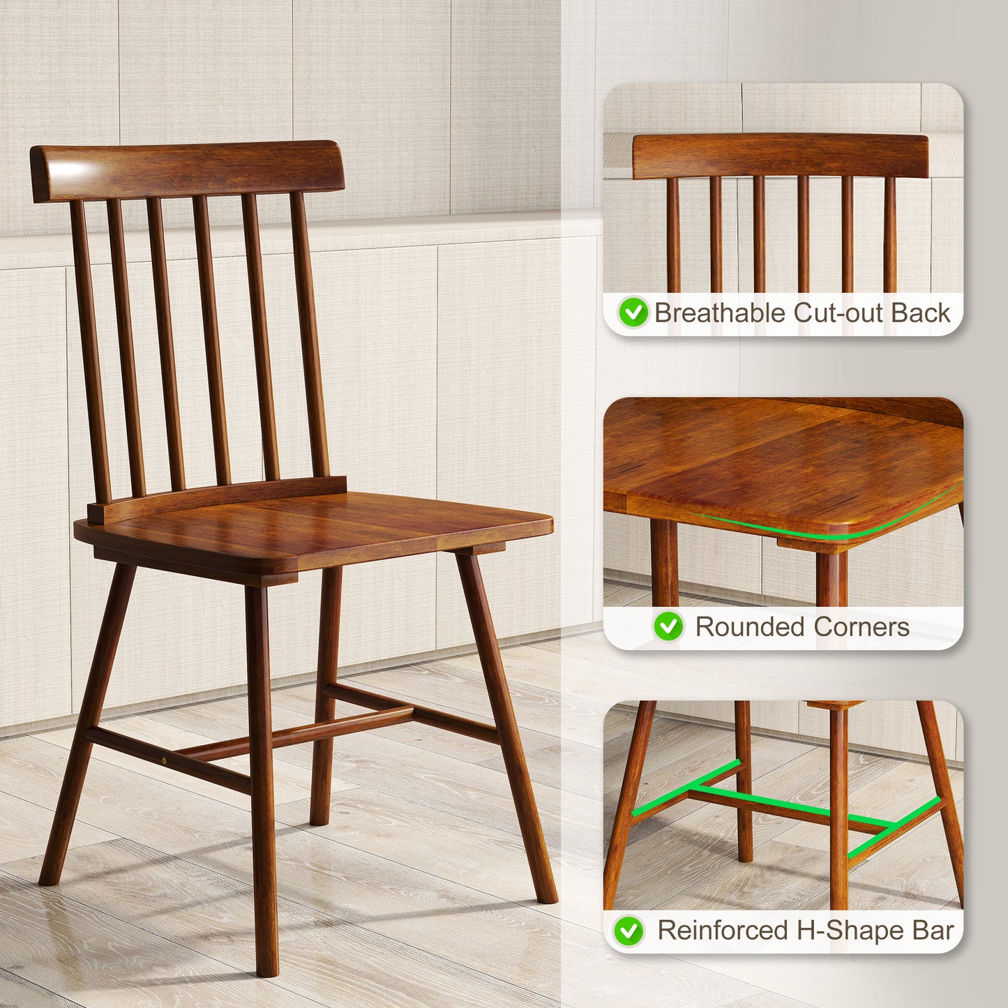 Set of 2 Farmhouse Dining Chairs - Light Brown Wooden Spindle Back