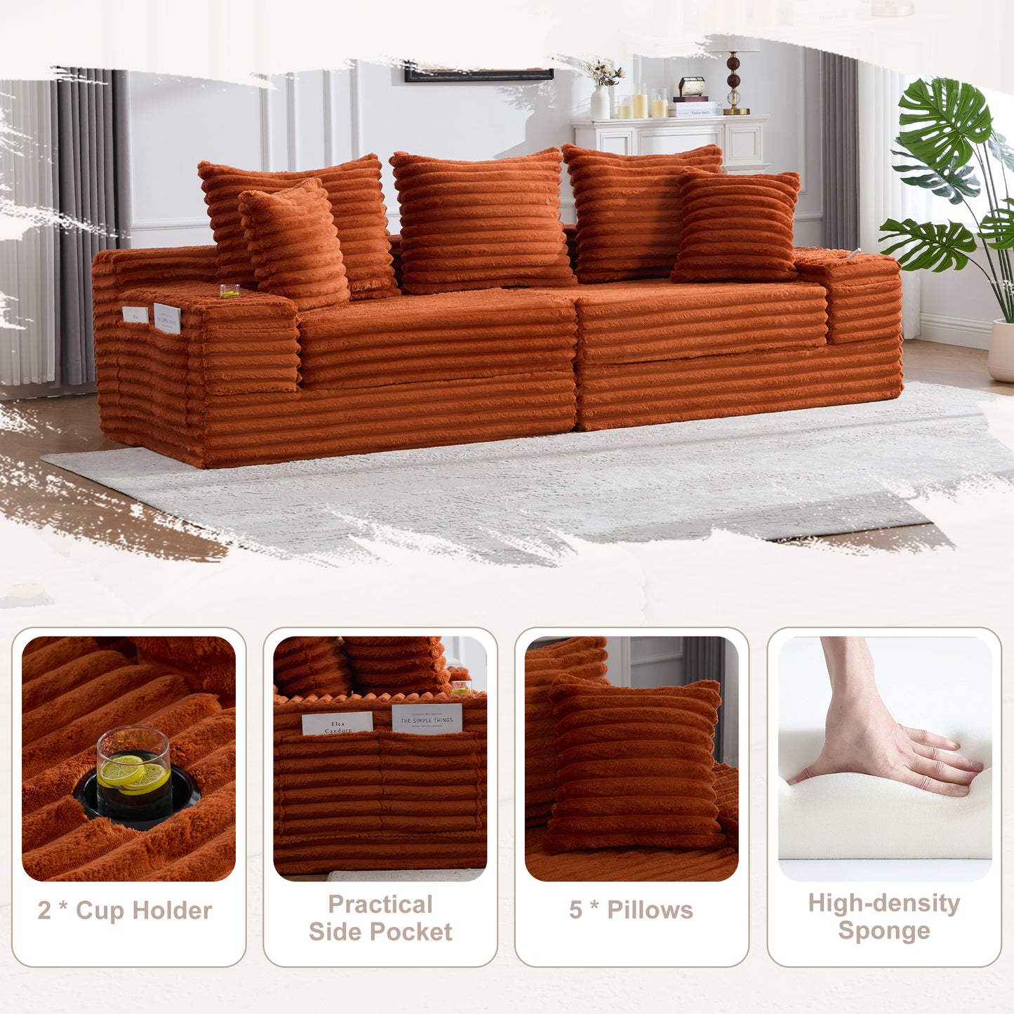 Oversized 4-Seat Sofa Bed with Cup Holder & Side Pockets - Orange