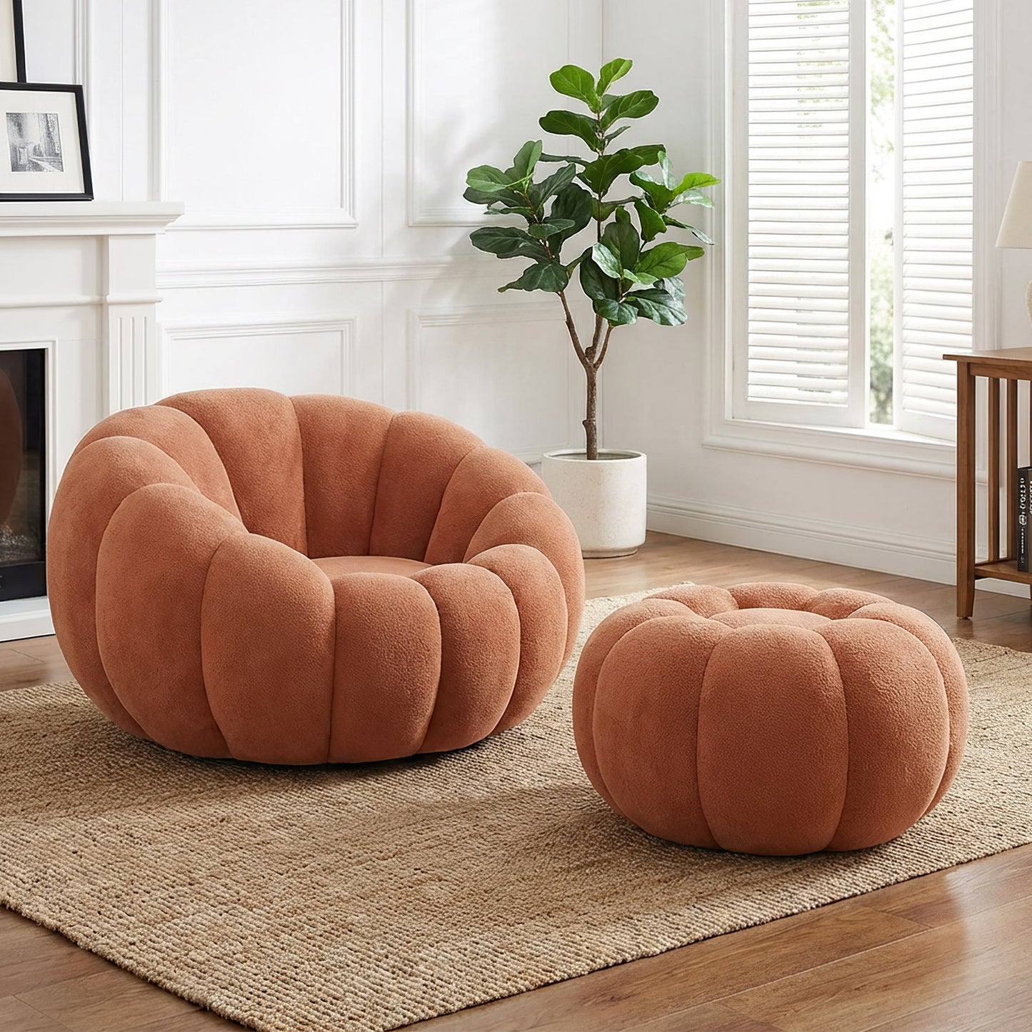Pumpkin Shape Lounge Chair with Footstool - Brown