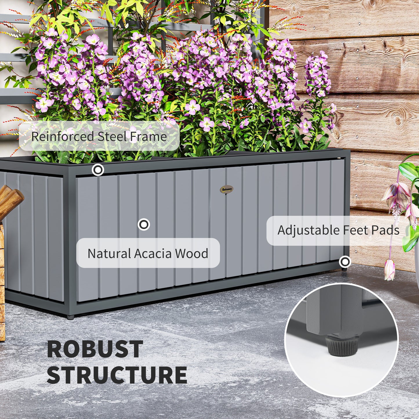 Wooden Raised Garden Bed with Trellis & Removable Pots, Gray, 29x11x52 Inches