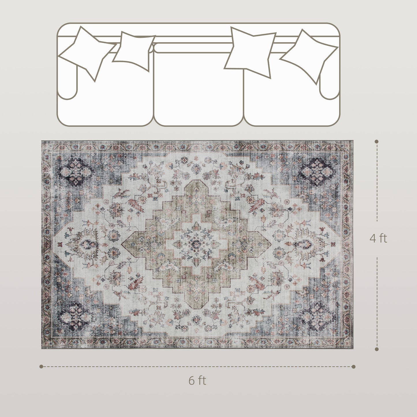 Vintage Machine Washable Area Rug - Brown and Green, 4'x6'