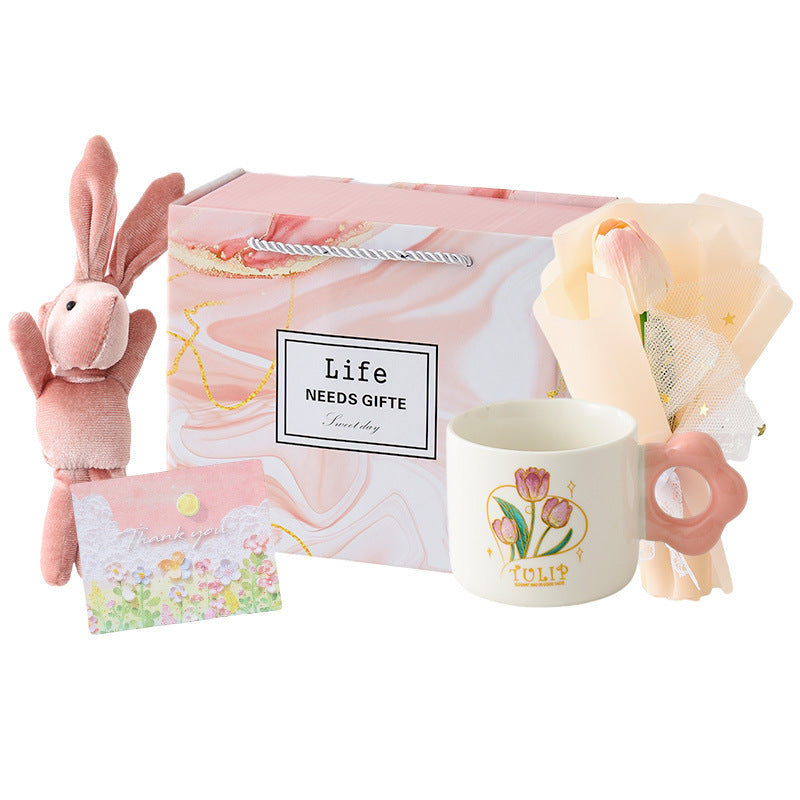 Ceramic Tulip Glass Cup with Bunny Pendant and Gift Card, 301-400ml