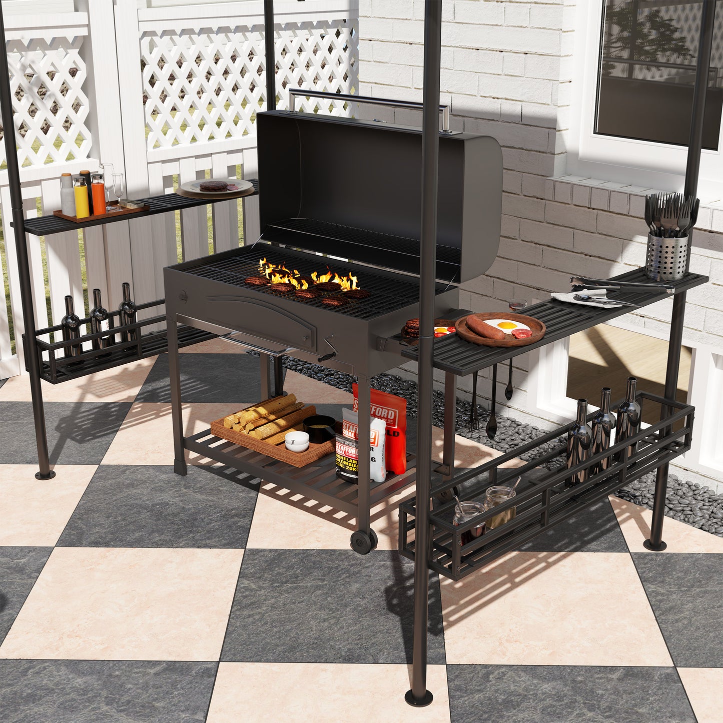 2-Tier BBQ Grill Gazebo with Side Shelves & Storage Baskets - Dark Brown