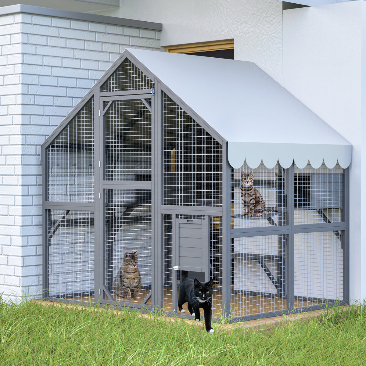 Outdoor Cat House with 2 Doors & Play Areas - Wooden Cat Enclosure, Grey