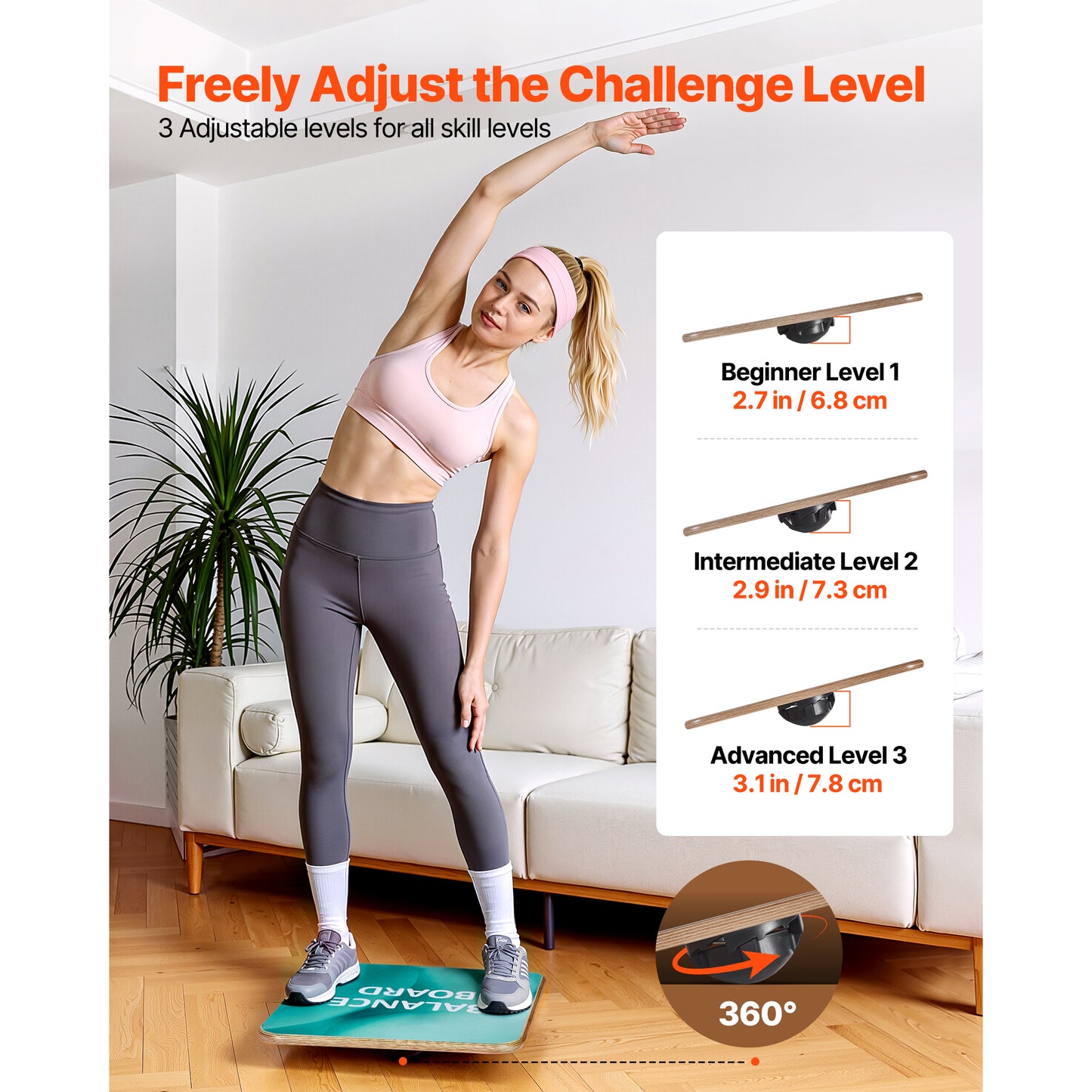 Wooden Balance Board for Core Workout and Standing Desk Exercise - Adjustable 3-Level Wobble Trainer