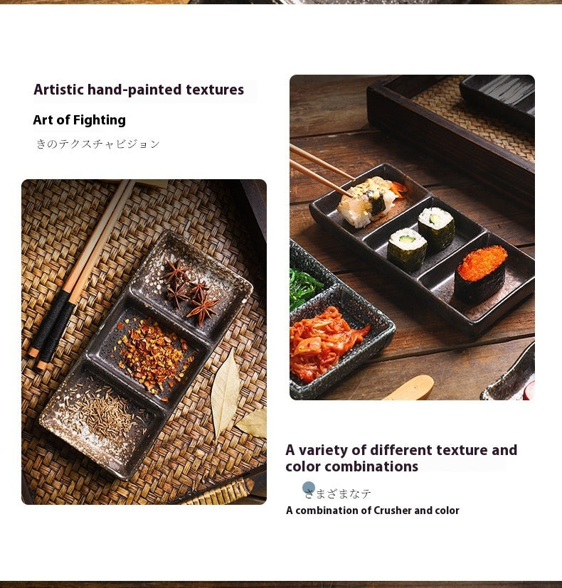 Rectangular Ceramic Sauce Dish with Three Grid Sections - Japanese Style Kitchenware