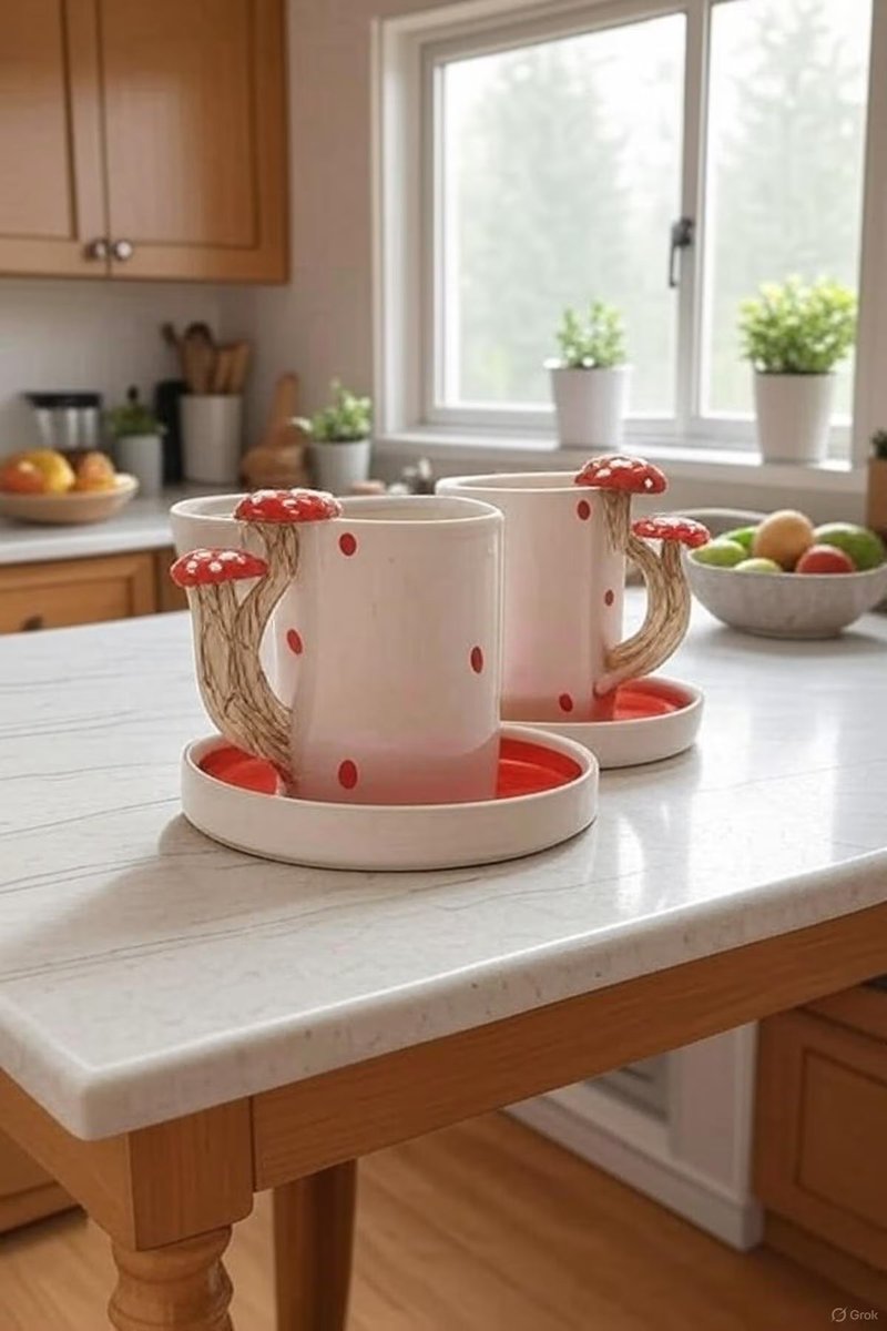 Handmade Ceramic Coffee Cup Set with Mushroom Handles - Rustic Kitchen Decor