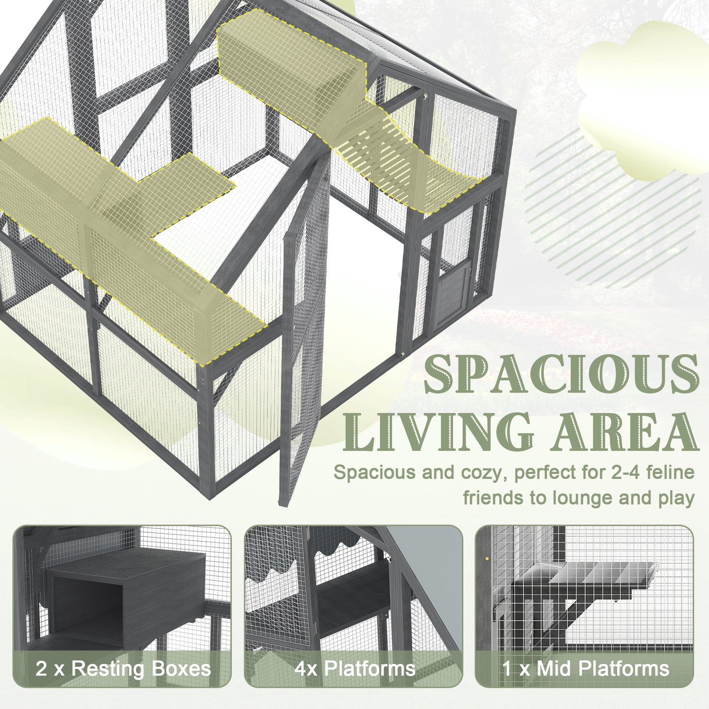 Large Outdoor Cat Enclosure with Platforms & Resting Boxes - Gray