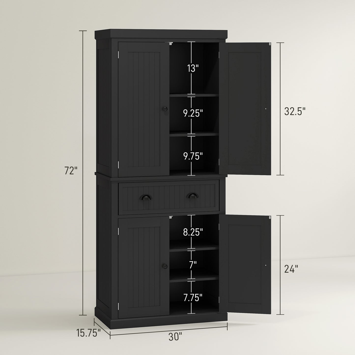 72" Kitchen Pantry Storage Cabinet with Adjustable Shelves - Black