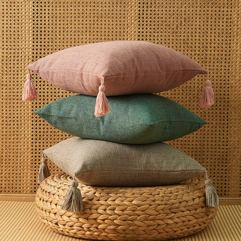 Japanese Solid Color Cotton Linen Fringe Pillow with Tassels - Home Decor