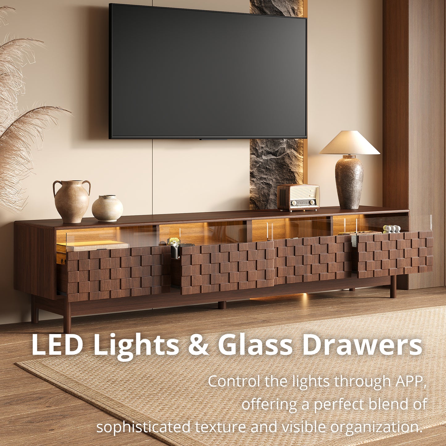 78 Inch TV Stand for Living Room - Modern Entertainment Center with LED Lights and Glass Drawers