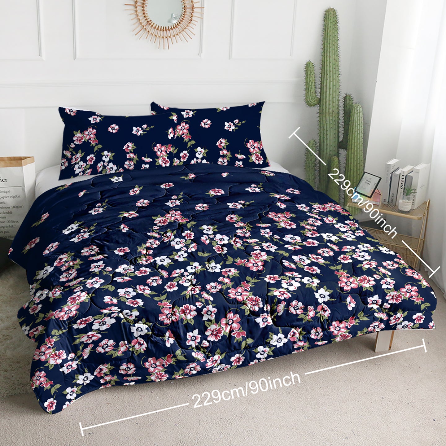 Floral Comforter Set - Dark Blue Queen Size with 2 Pillowcases