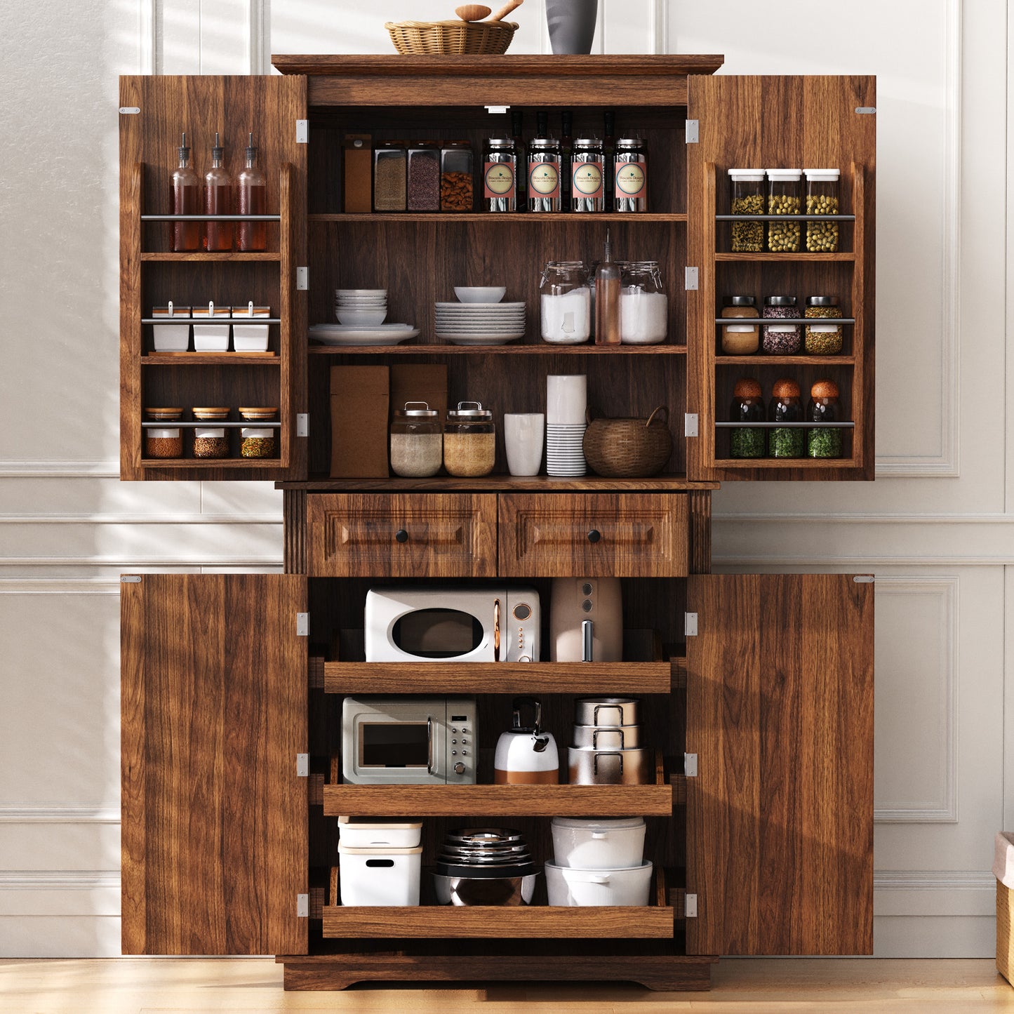K&K 71 Tall Kitchen Pantry Cabinet With 3 Pull Out Organizers,