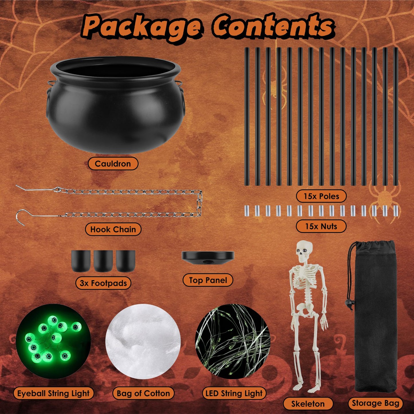 Halloween Witch Cauldron Decoration Set with Tripod & String Lights