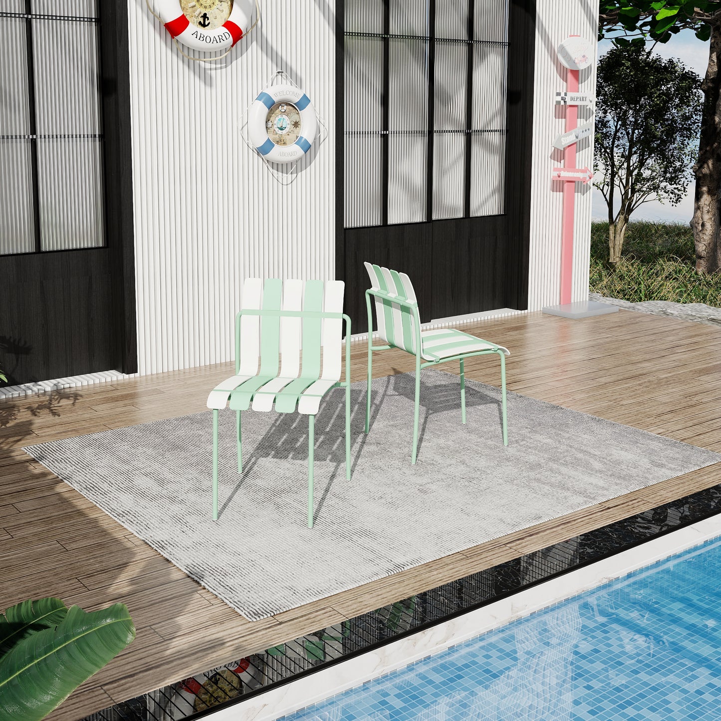 Modern Striped Color Block Dining Chairs - 4-Pack, Waterproof PP & Metal, Indoor/Outdoor Seating