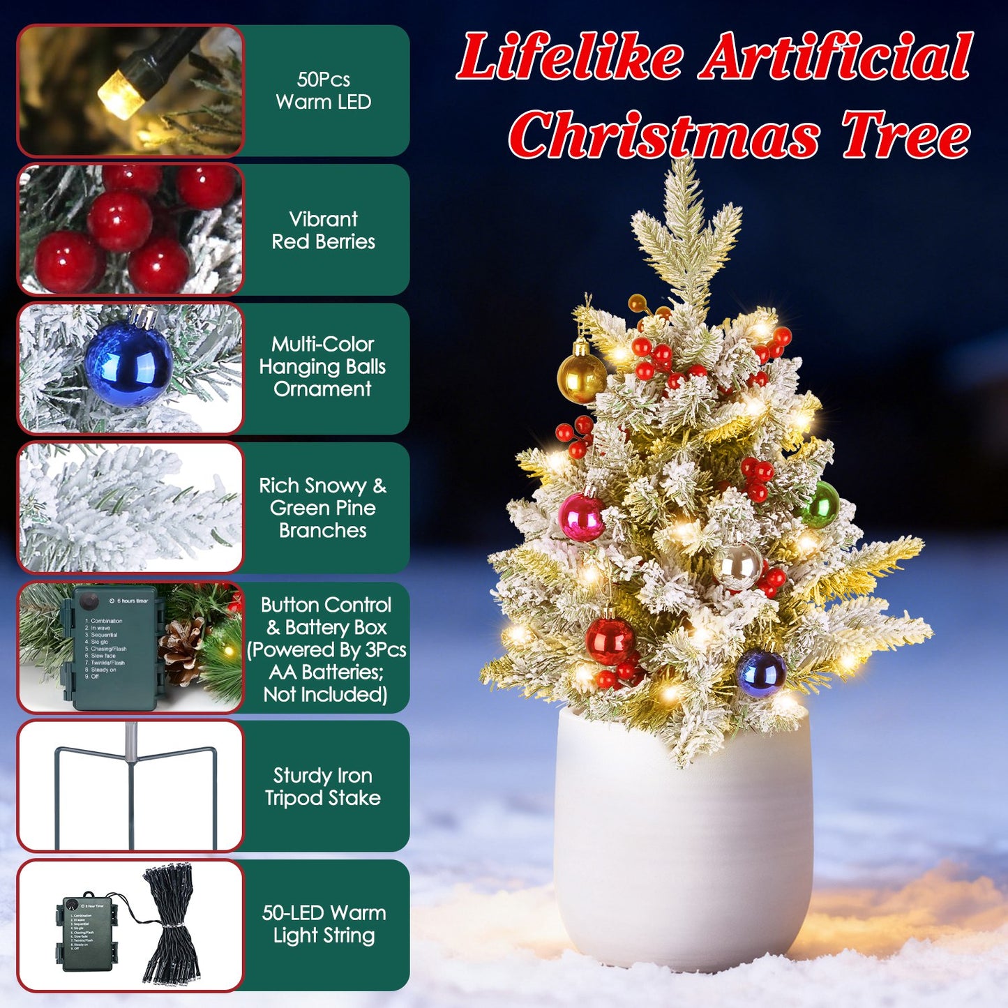 Solar Powered Lighted Christmas Tree Urn Filler with Berries & Decor Balls