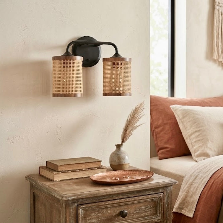 Quell Double Light Vanity With Natural Rattan Shade Wall Lamp