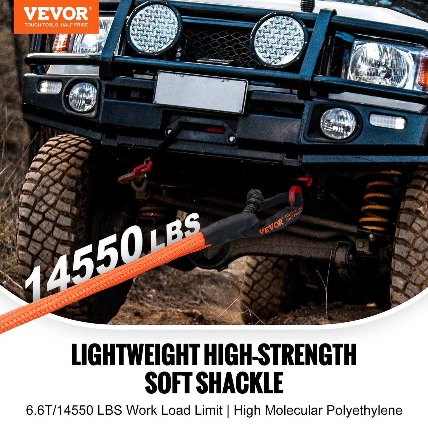 Heavy-Duty Synthetic Recovery Rope - 2 Pack 1/2 x 22 Inches 44,092 lbs Break Strength