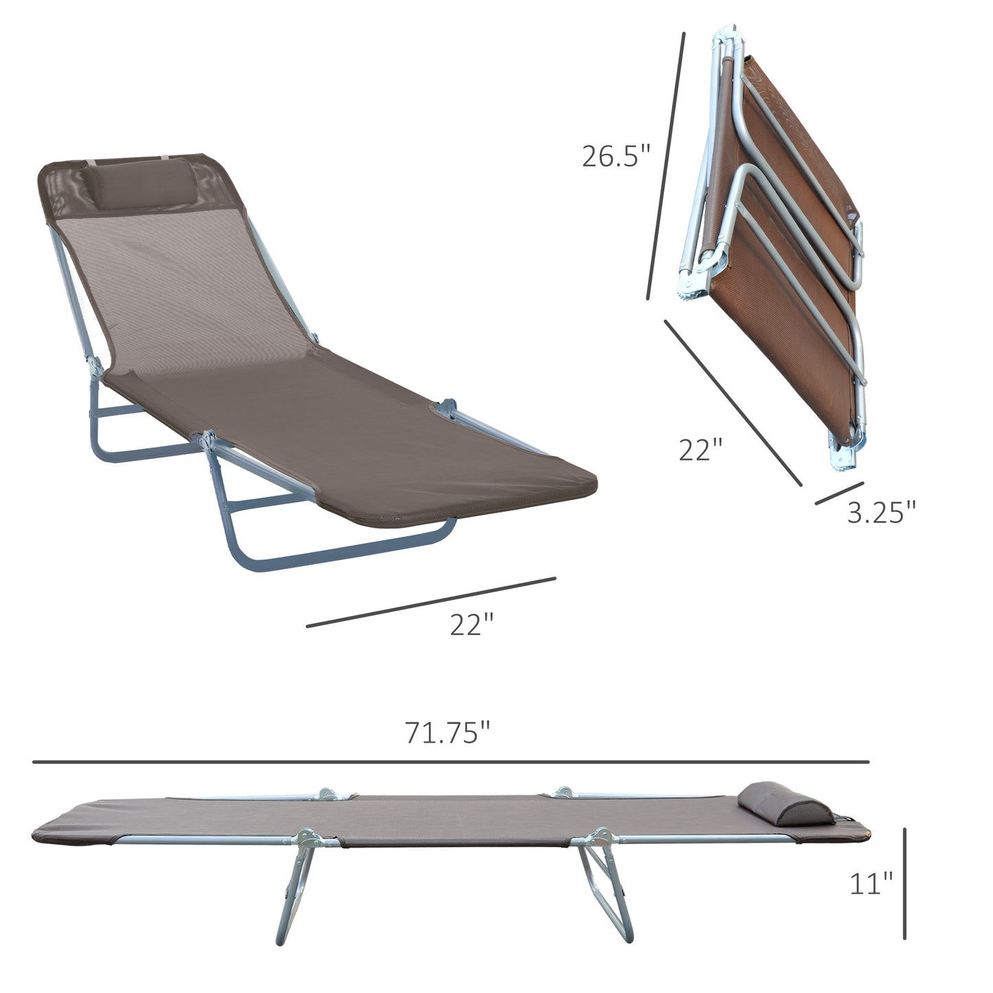 Folding Chaise Lounge Chair - 5-Position Reclining Outdoor Chair - Brown