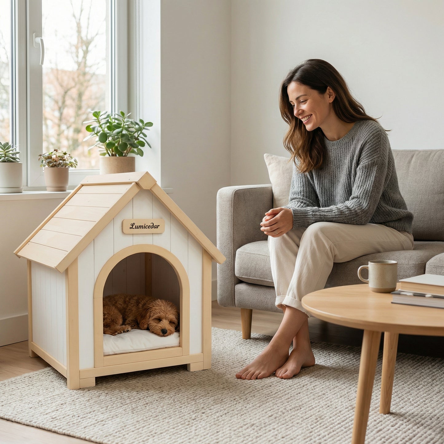 Indoor Wooden Dog House with EVA Cushion - Small Pet Shelter in Creamy White