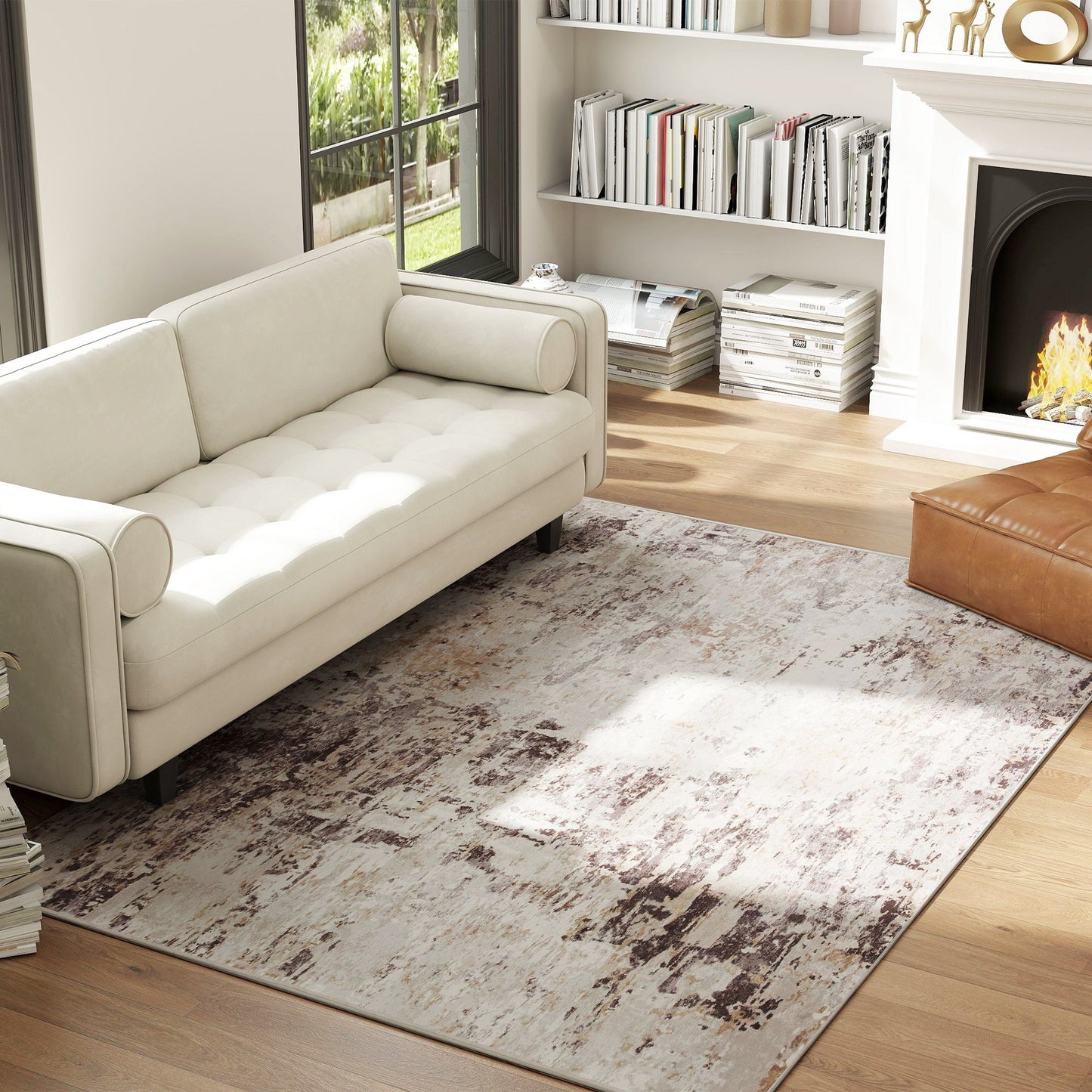 Machine Washable 4x6 Area Rug - Non-Slip Abstract Carpet, Mixed-Brown