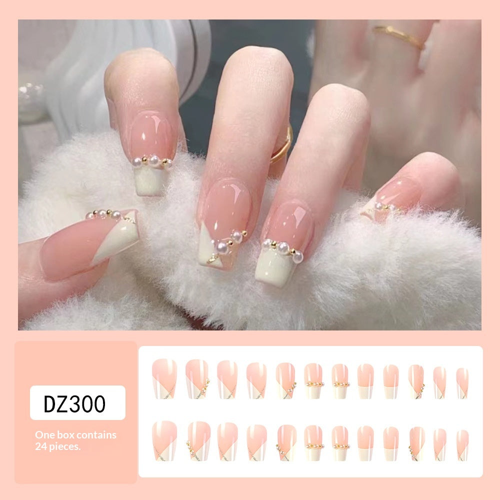 24-Piece Pink Coffin-Shaped French Artificial Nail Set with Pearl Design - Short Tips for Party & Daily Wear