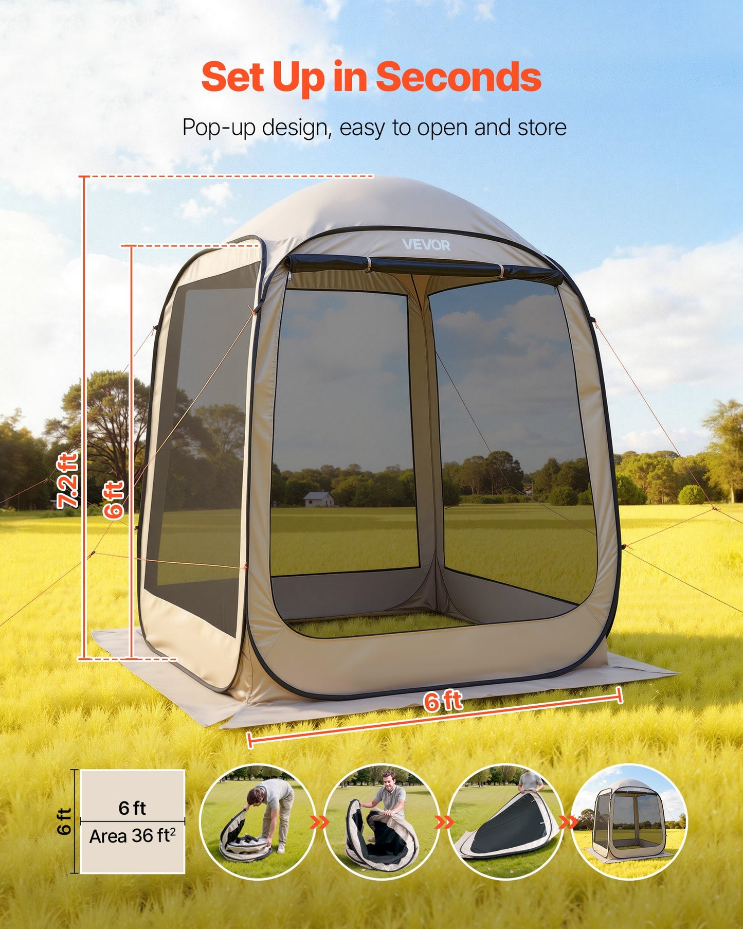 6x6 Ft Pop Up Screen House Tent with Mesh Sides & Carry Bag - Garden, Patio, Backyard