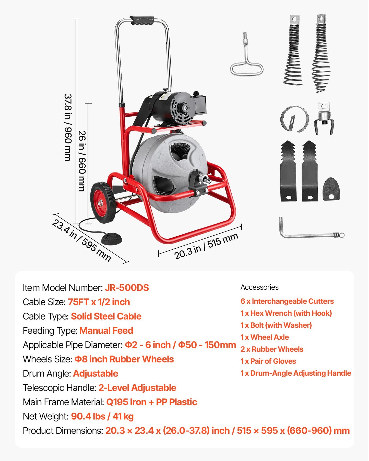 Drain Cleaner Machine 75 FT Steel Cable for 2-6 Inch Pipes with Auger & Foot Switch