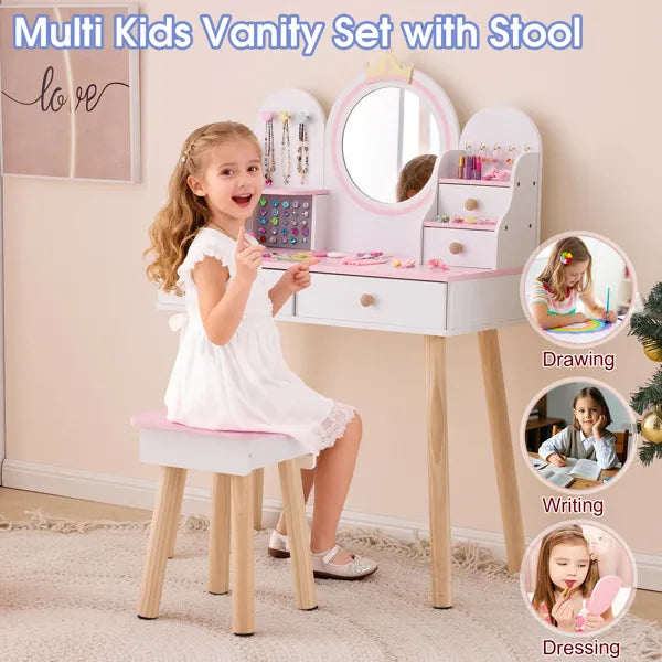 4-Drawer Children's Dressing Table Set - White & Pink Crown