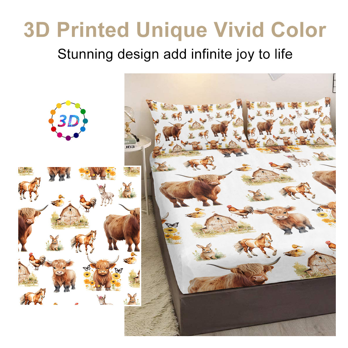 Children's Minimalist Bedding Set with Cow & Duck Design - 3pcs
