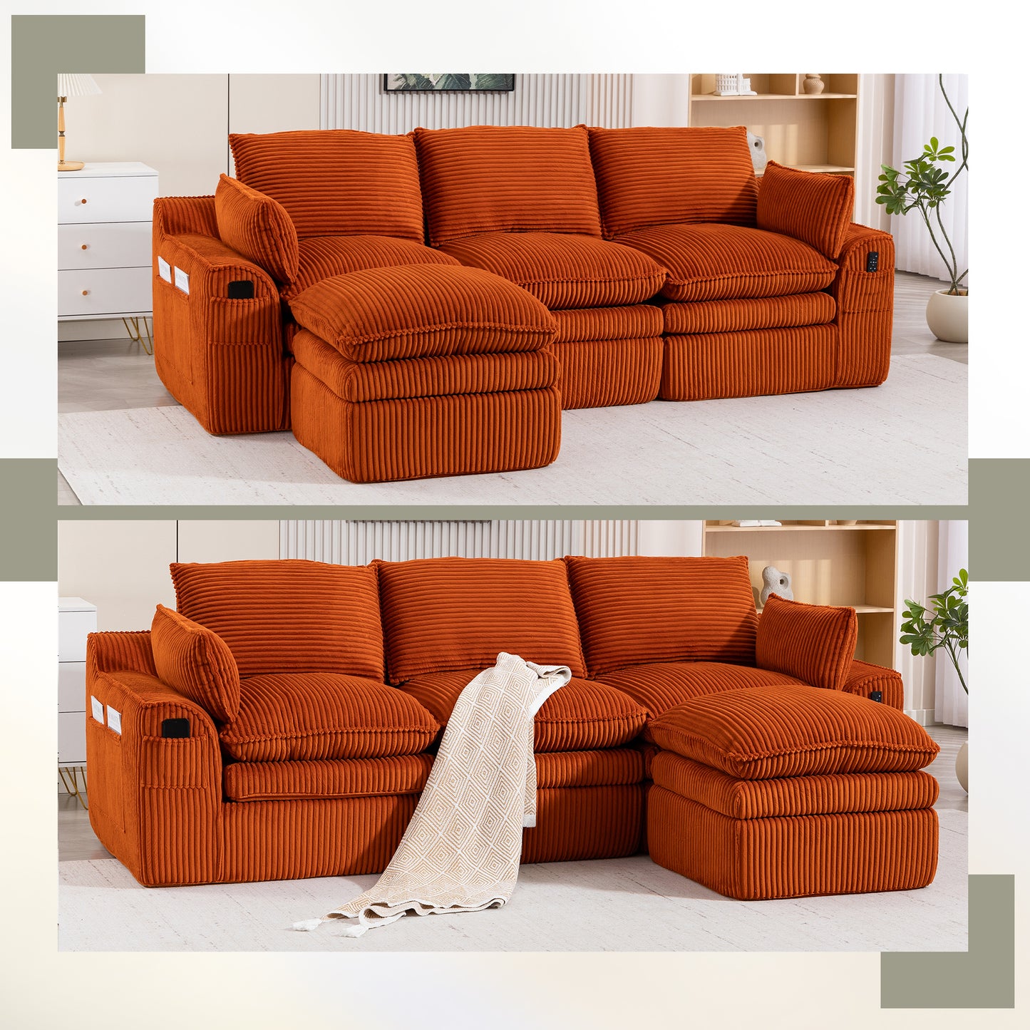 L-Shaped Modular Sectional Sofa - Modern Corduroy with Footstool - Orange