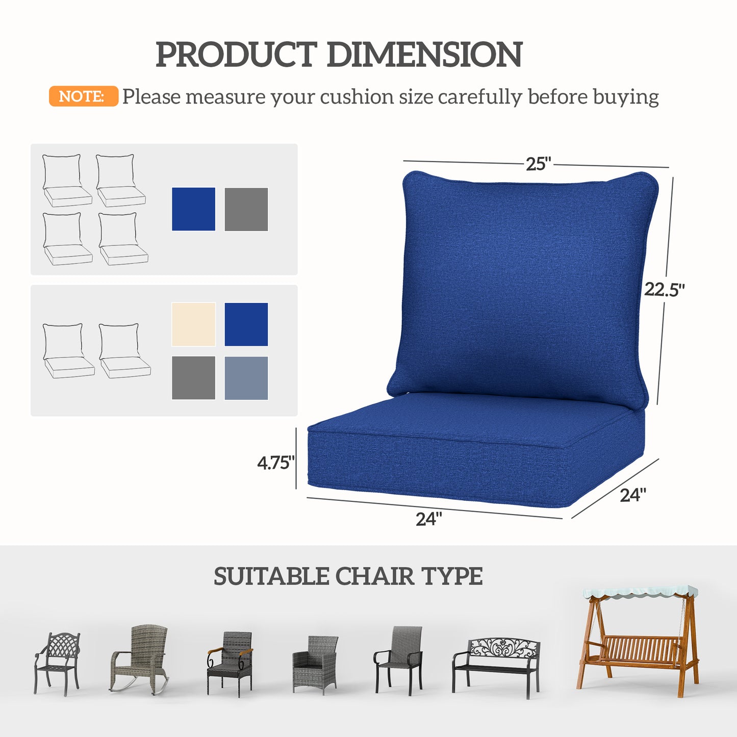 Navy Blue Patio Chair Cushions Set of 2 with Seat & Backrest