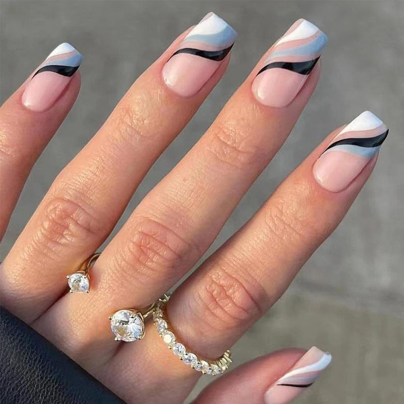 French Line Nail Tips with Water Ripple Design and Nail Stickers - 24 Pieces