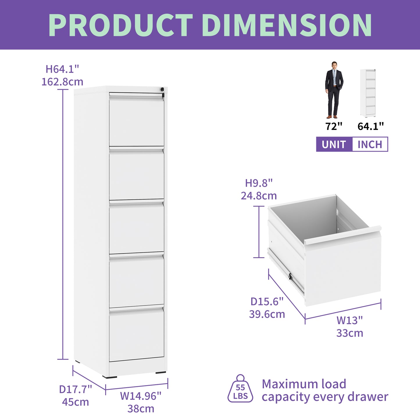 5 Drawer Metal Vertical File Cabinet With Lock Office Home Steel For