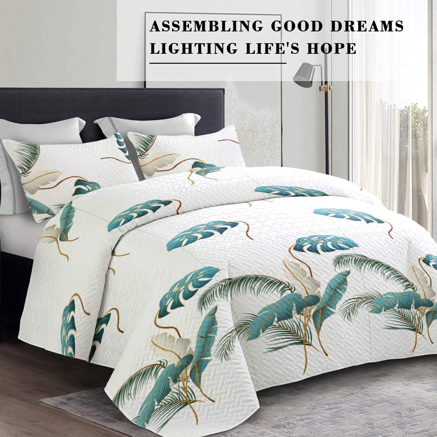 Tropical Palm Leaf Quilt Set with 6 Curtains - Teal Botanical Decor