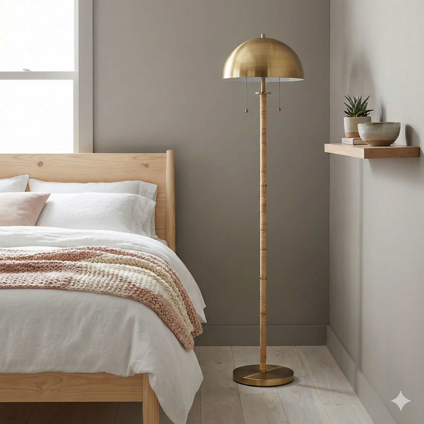 Allure 2-Light Floor Lamp, Gold Brass, Natural Rattan Details ,