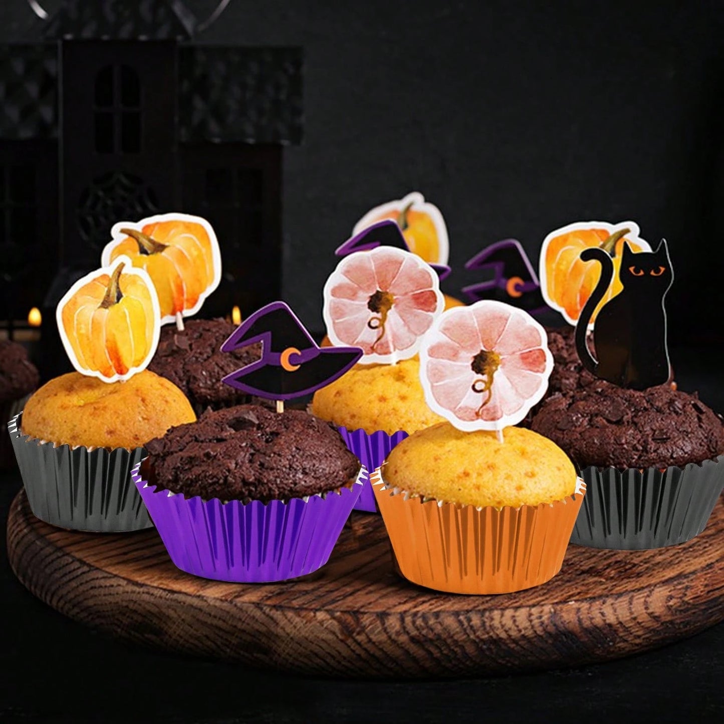300 Pcs Halloween Foil Cupcake Liners - Black, Purple & Orange