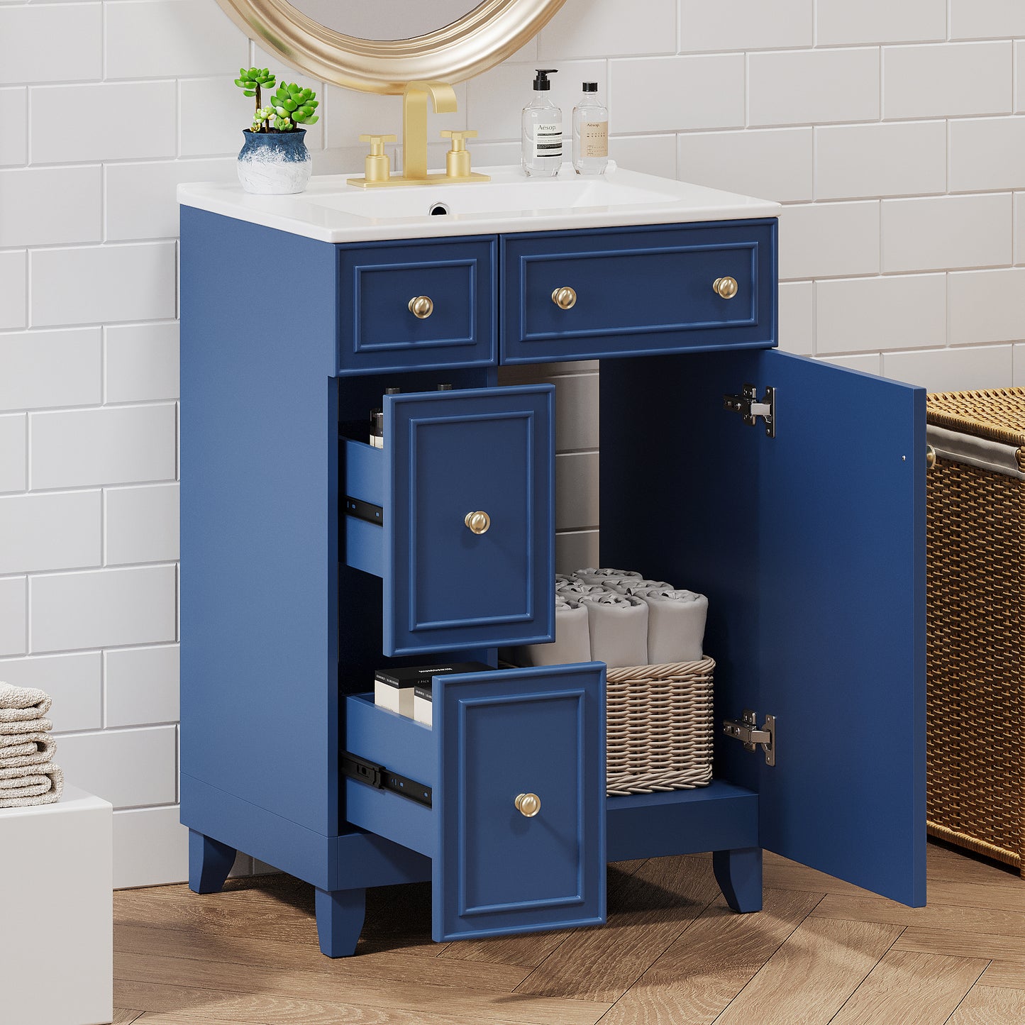 24-Inch Blue Bathroom Vanity Cabinet with Ceramic Sink & Drawers