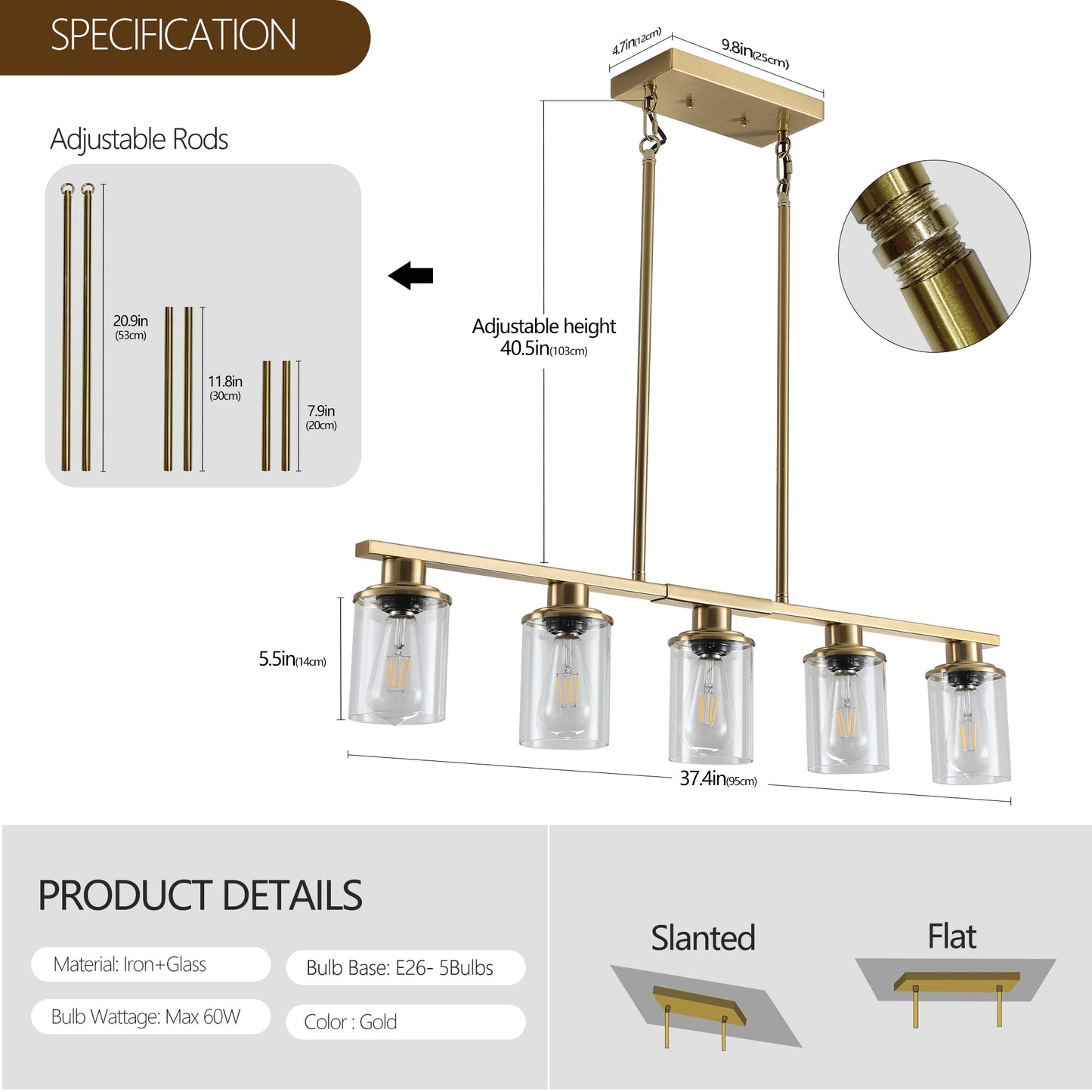 Modern Industrial 5-Light Chandelier - Golden Metal Frame