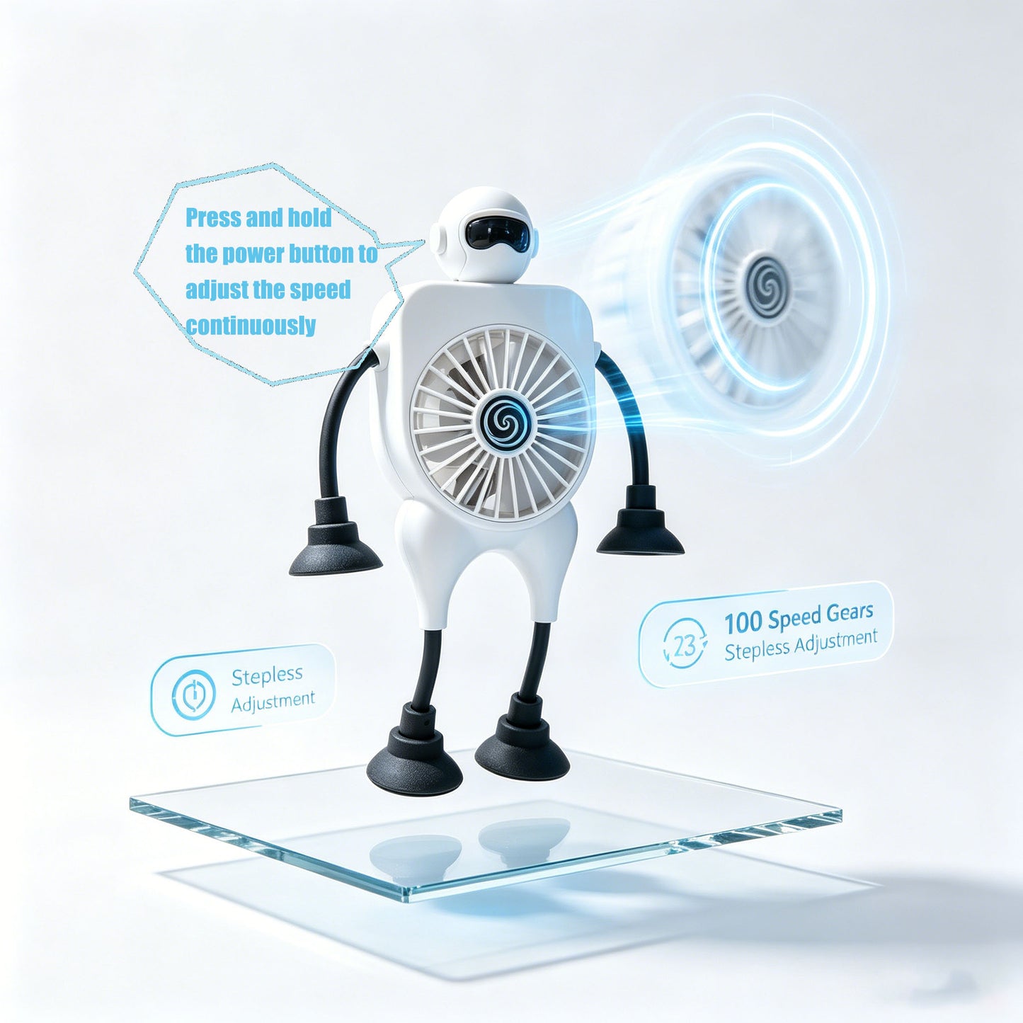 Rechargeable 2000mAh Mini Fan with Suction Cup & Flexible Arms - White
